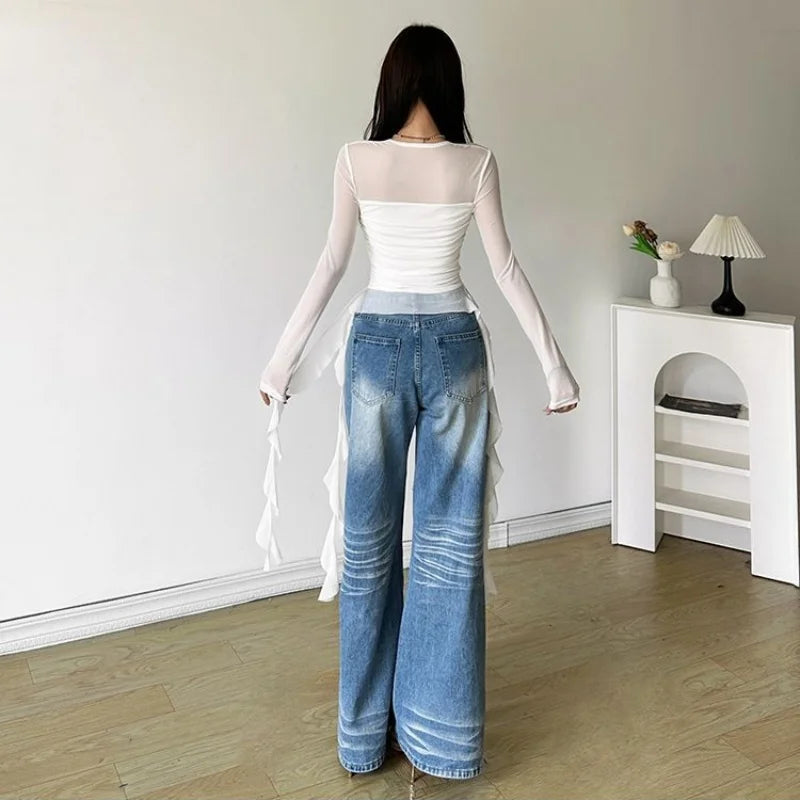 Long Sleeve Sexy T-Shirts Fashion Women Y2K Irregular Asymmetrical Korean Crop Tops Casual Sheer Mesh Autumn Chic Tees