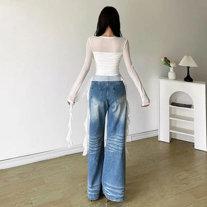 Long Sleeve Sexy T-Shirts Fashion Women Y2K Irregular Asymmetrical Korean Crop Tops Casual Sheer Mesh Autumn Chic Tees