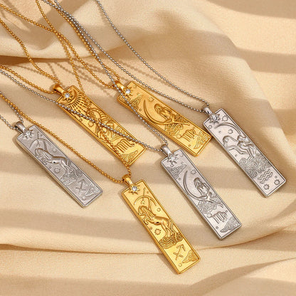 18k Gold Plated Rectangle Shape 12 Constellation Pendant Necklace Stainless Steel Waterproof Fashion Women's Jewelry