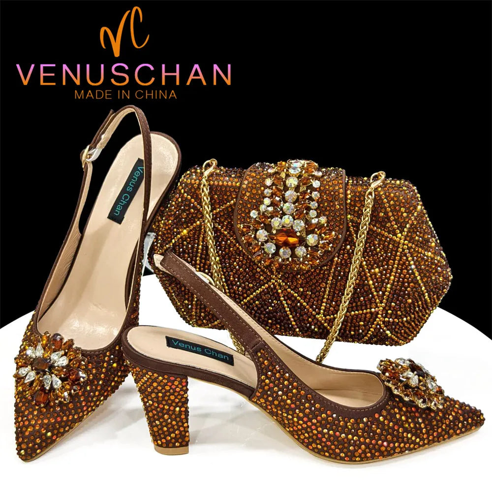 INS Style Green Party Shoe and Bag Set in Women Pointed-Toe Rhinestone High Heels Elegant African Ladies Shoes