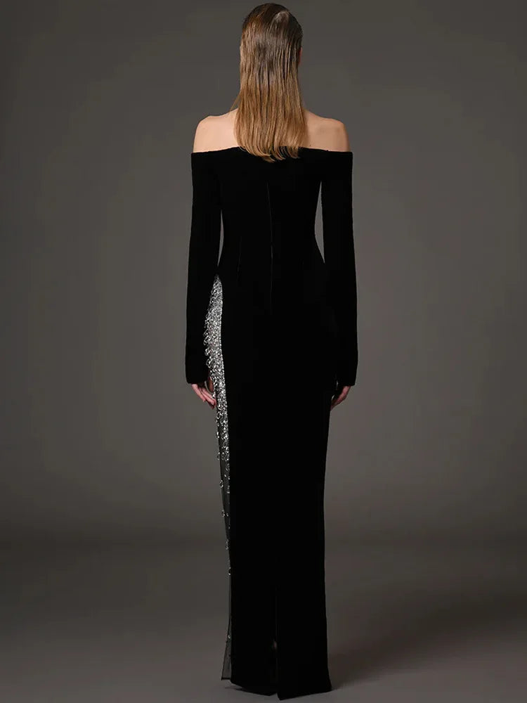 Designer Vestido Women's Diamonds Beaded Slash Neck Off The Shoulders Patchwork Gauze Long Maxi Dress