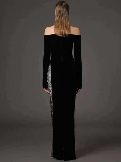 Designer Vestido Women's Diamonds Beaded Slash Neck Off The Shoulders Patchwork Gauze Long Maxi Dress