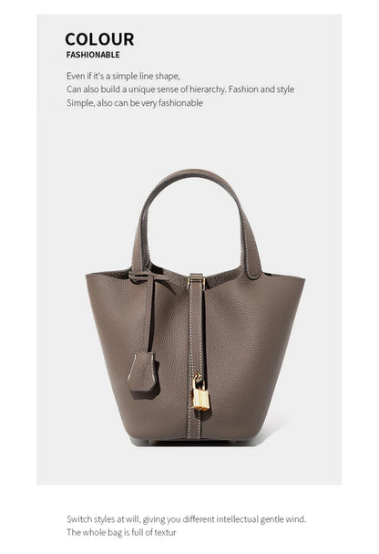2025 Casual Fashion Female Genuine Leather Bucket Bag Luxury Handbag High-End Tote Bag Woman Cow Leather Mommy Bag & Metal Lock