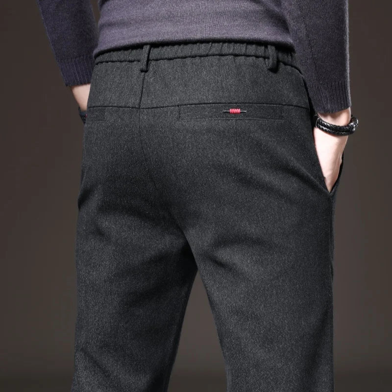Autumn Winter Thick Men's Casual Pants Brushed Fabric Straight Slim Business Fashion Trousers Stretch Korean Male Clothing