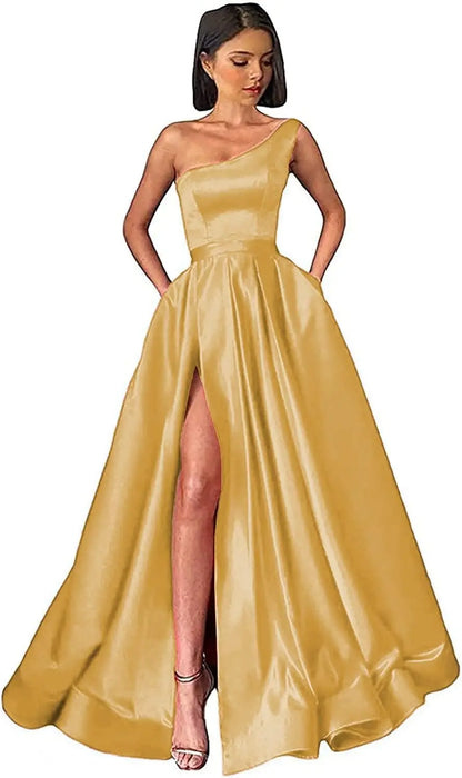 Women's One Shoulder Prom Dresses with Pocket High Slit Pleated Satin Corset Formal Gowns Evening Dress A Line Bridesmaid Gown