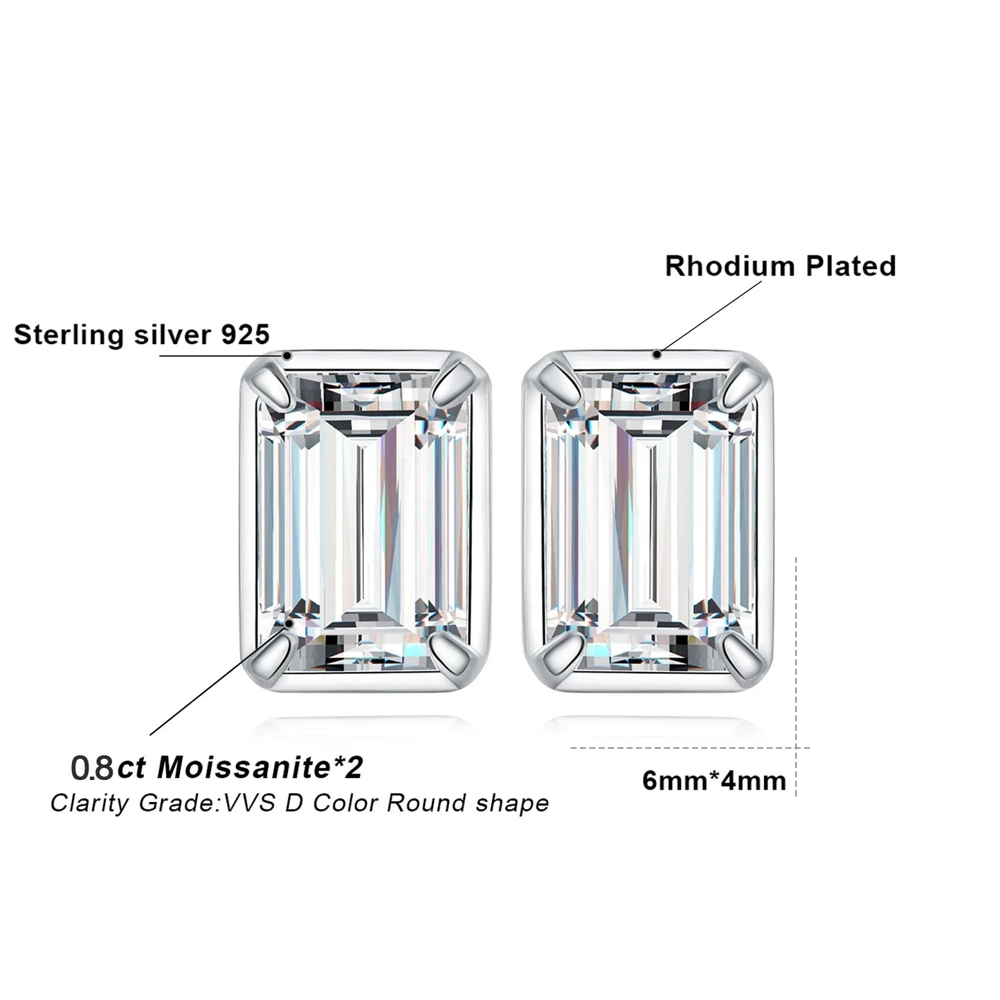 Moissanite D Color 1.6ct/pair Emerald Cut 925 Sterling Silver Stud Earrings for Woman Yellow Rose Gold Plated