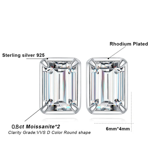 Moissanite D Color 1.6ct/pair Emerald Cut 925 Sterling Silver Stud Earrings for Woman Yellow Rose Gold Plated