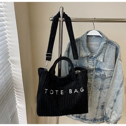 Large Capacity Striped Velvet Handbag Shoulder Bag for Woman Handbags Crossbody Bags, Versatile Letter Corduroy Women's Tote Bag