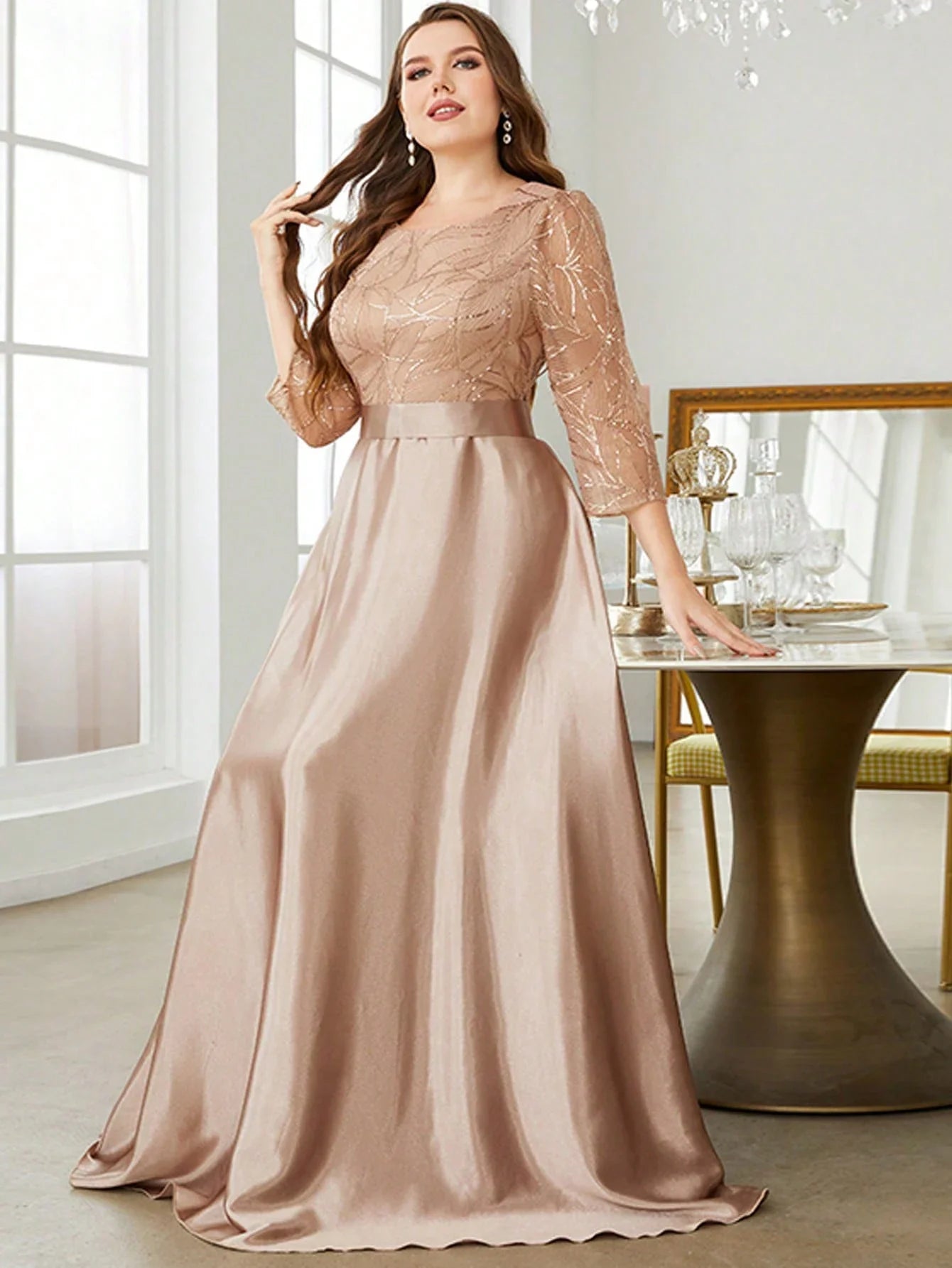 Neck long sleeve sequin patchwork satin long gown ball dress Party dress Bridesmaid dress