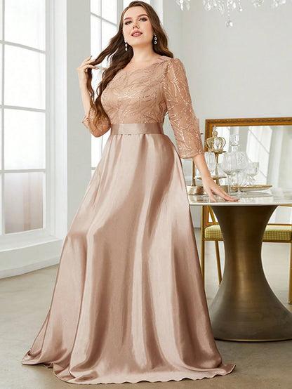 Neck long sleeve sequin patchwork satin long gown ball dress Party dress Bridesmaid dress