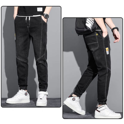 Men Jeans Elastic Tie Up Harem Denim Pants Male Bound Feet Designer Cargo Joggers Denim Trousers Daily Narrow Leg Casual Jeans
