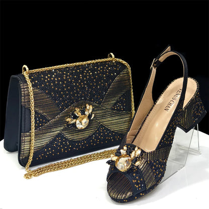 Luxurious Italian Women's Party Shoe and Bag Set – Elegant Black Rhinestone Peep-Toe High Heels Sandals for Weddings