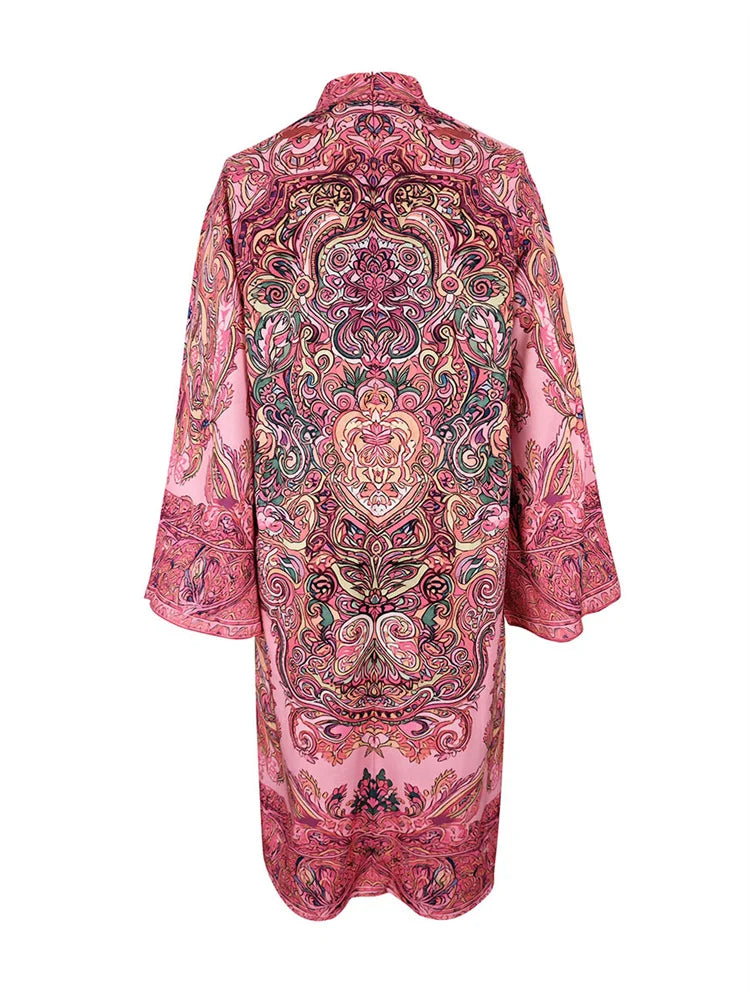 Women's Vintage Elegant Printed High Neck Kaftan Dress Long Sleeves Loose Elegant Evening Midi Dresses Robe 2026 New