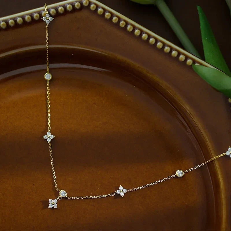 Dainty Lucky Leaf Necklace for Women 925 Sterling Silver Trendy 14K Gold Plating Cute White CZ Flowers Pendant Choker Necklaces