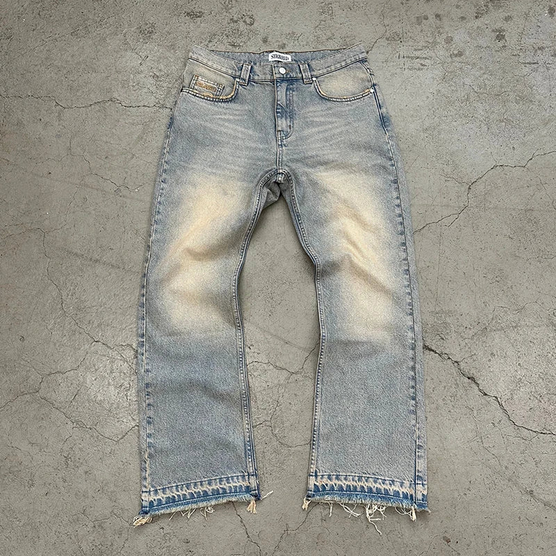 Calça jeans unissex estilo casual de rua, estilo ins, corte reto, lavagem envelhecida retrô, usada, novidade primavera 2026, street style americano.