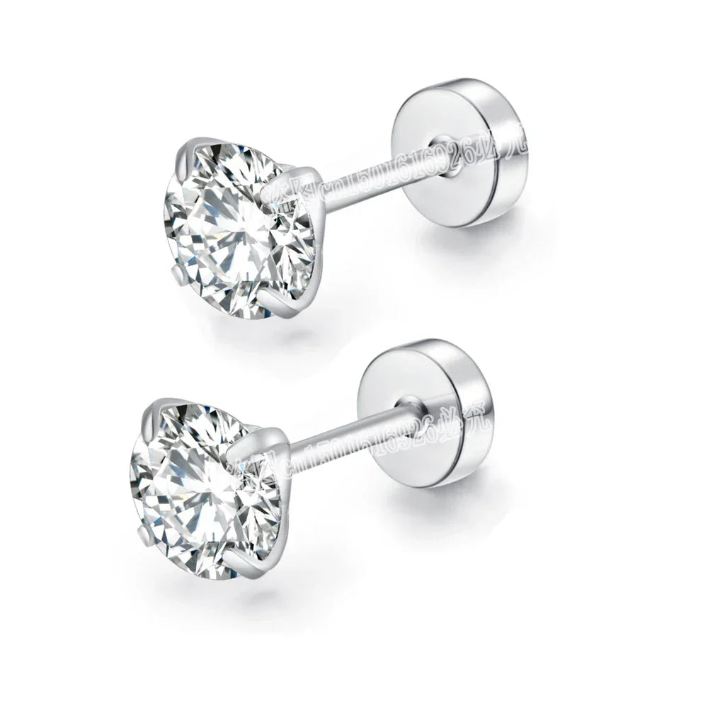 Stainless Steel 5 Style CZ Zircon Silver Color Earrings For Women Men Crystal Screw Titanium Alloy Ear Studs Round Beads Jewelry