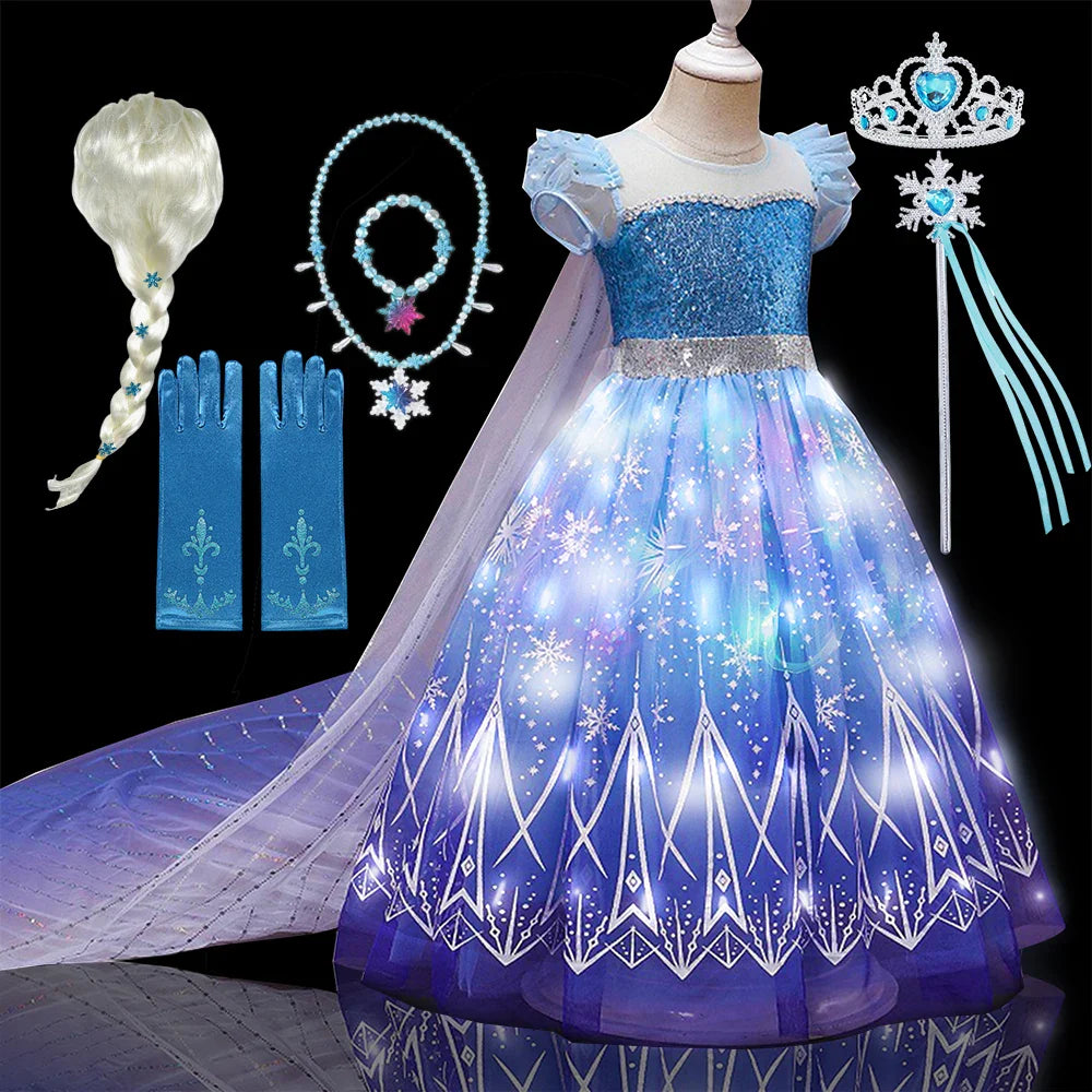 Fantasia Infantil Cosplay Elsa com LED Meninas Aniversário Festa Role Playing Vestido de Princesa com Capa Fantasia de Carnaval Halloween