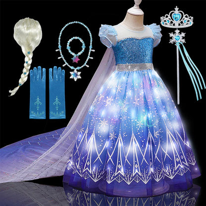 Fantasia Infantil Cosplay Elsa com LED Meninas Aniversário Festa Role Playing Vestido de Princesa com Capa Fantasia de Carnaval Halloween
