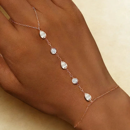 Round/Waterdrop Moissanite Diamond Ring Bracelets for Women 925 Sterling Silver Layering Finger Wrist Chain Adjustable