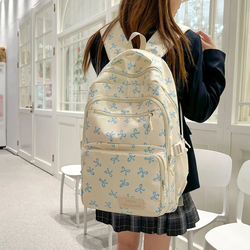 Korean Fashion Bow Print Women's Fashion Backpack Lightweight Simple Student Schoolbag Female Bag Set Three-Piece