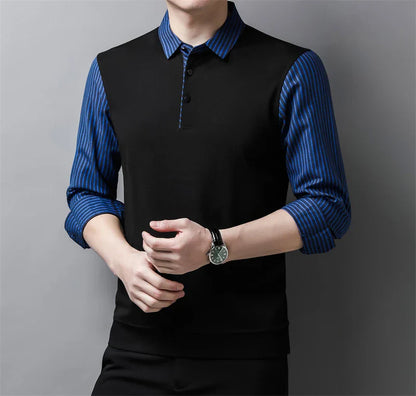 New Men's Casual and Fashionable Long Sleeved POLO Shirt with Contrasting Print Anti Wrinkle Top