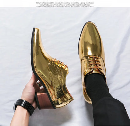 New 2025 Luxury Gold Men High Heel Leather Shoes Moccasins Designer Pointed Dress Shoes Men Wedding Formal Shoes Big Size 46