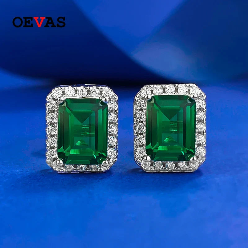 100% 925 Sterling Silver 6*8mm Synthetic Emerald Stud Earrings For Women Sparkling Wedding Party Fine Jewelry Wholesale