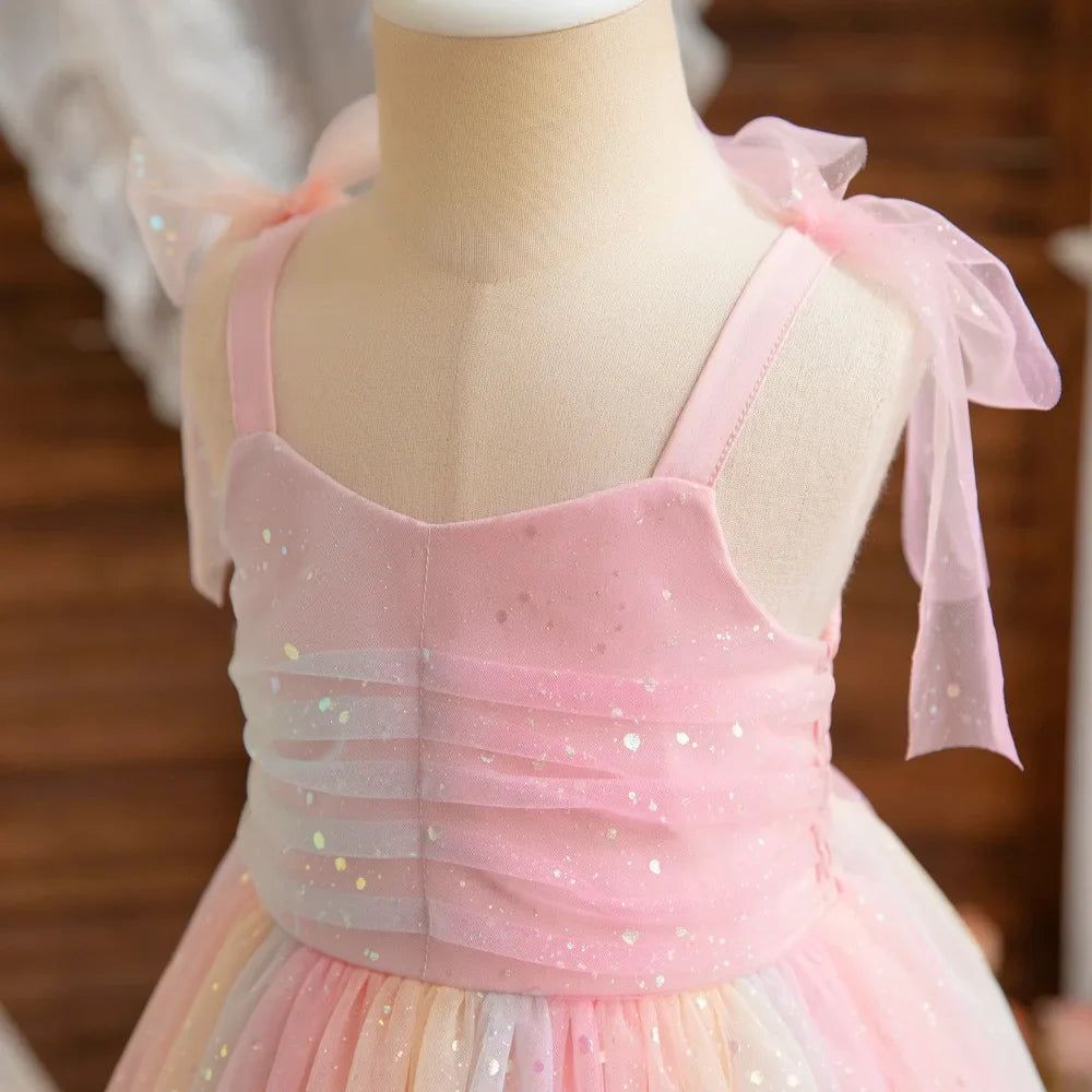 1-5 Years Old Summer Kids Dresses Sleeveless Sequined Sweet Princess Girls Dress Costume Mesh Puffy Rainbow Children's Clothing