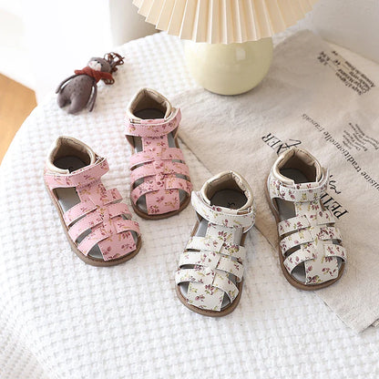Summer Toddler Girls Floral Closed Toe Sandals Anti-collision Kids Sandal Lovely Hook-loop Sweet Children Beach Shoes 21-30