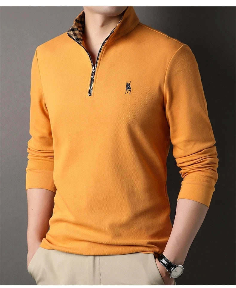 High end 100% cotton brand long sleeve T-shirt men's standing collar autumn fashionable embroidery Paul casual sports polo shirt