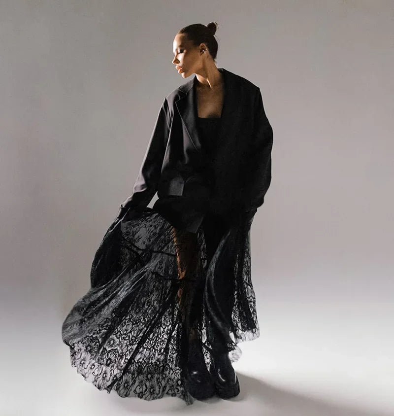 Loose Black Sexy Black Lace Skirt Women Fashion Thin Transparent Casual Hollow Out High Waist Loose A-line Long Skirt Party