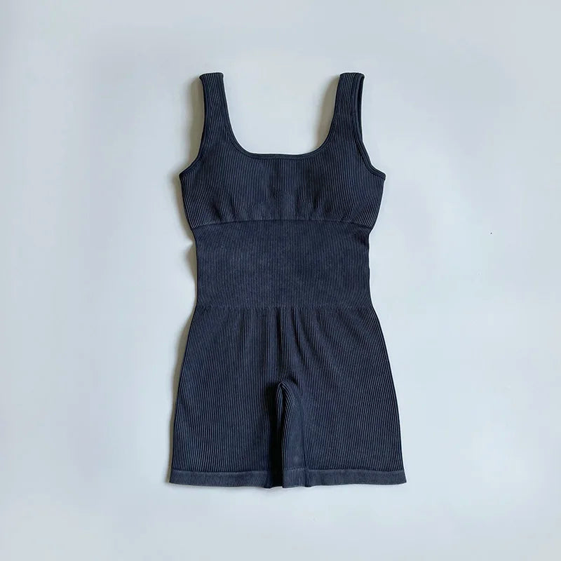 Women's Yoga Jumpsuits Ribbed One Piece Padded Tank Tops Rompers Sleeveless Acid Wash Activewear Unitard Sexy Bodycon