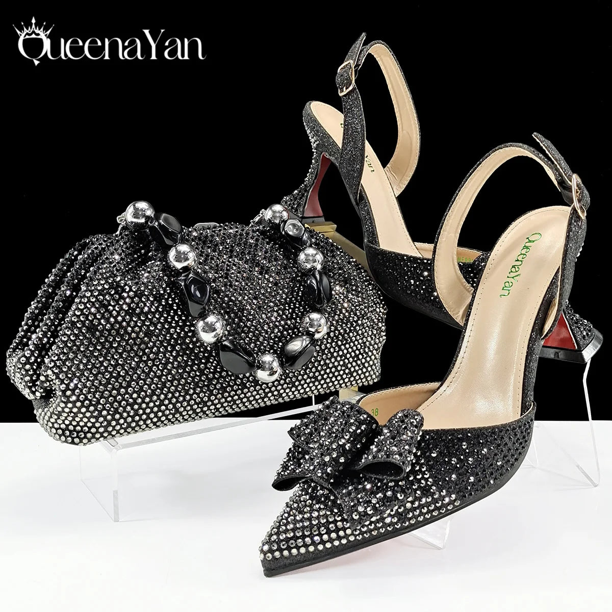 Italian Fashion Pointed Toe Women High Heel Shoes Mixed Color Effect Rhinestone Decoration Shoes And Bag Set