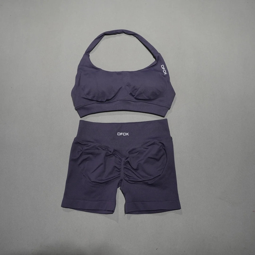 Women's Fashion 2 Piece Sports Set Lace Up Sports Bra Seamless Shorts Leggings Yoga Gym Fitness Running Tracksuit