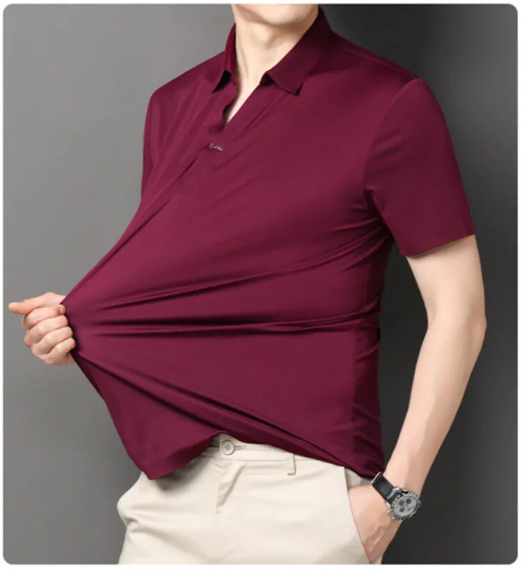 2024 High-quality Elastic Stretch POLO, Business Casual Men's Short-sleeved Shirt, Seamless V-neck M-4XL Men's Polo Shirt