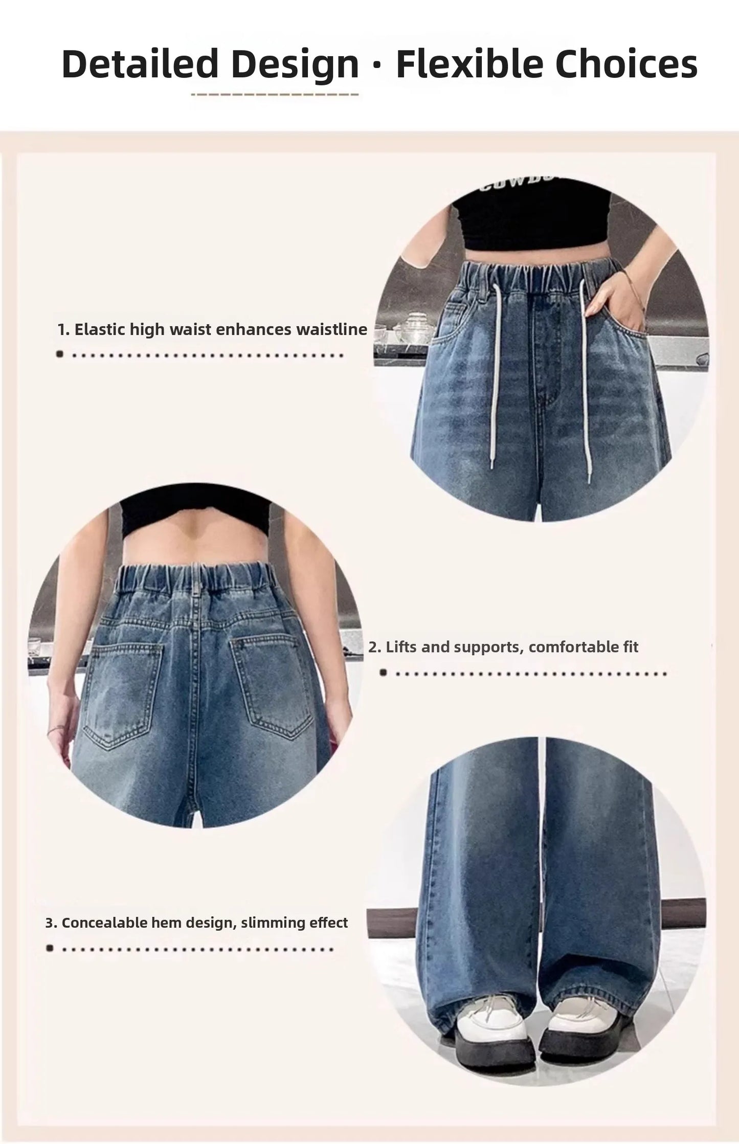 Calça Jeans Feminina Plus Size Folgada Cintura Alta Perna Larga Azul Claro Elástico na Cintura Cordão Calças Outono Moda Plus Size