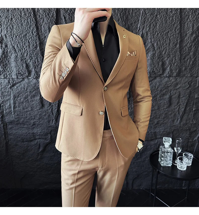 Men's Korean Style Slim Fit Suit Set, High Quality Fabric Solid Color Edge Pressing for Wedding Business