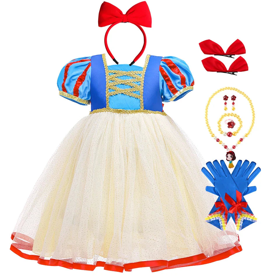 Summer Snow White Dress for Girls Breathable Puffed-Sleeve Tulle Princess Dress Snow White Themed Party Gown Halloween Costume