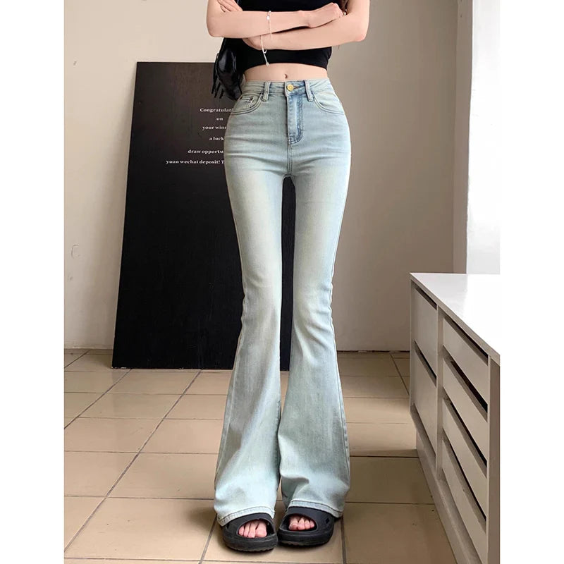 Women Thin High Waist Flared Jeans Pants