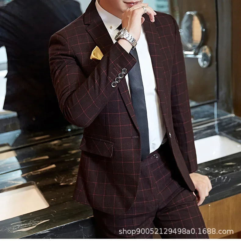 Men's Slim Fit Plaid Wedding Suit Jacket Korean Style Business Casual Single-breasted Suit with Set Wedding Groomsmen Wear