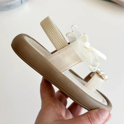 Brand Designer Ribbons Sandals for Girls Beaded Flip Flop Evening Party Dress Shoes Tulle Bow-tie Child Shoes Girl Sandal I06034