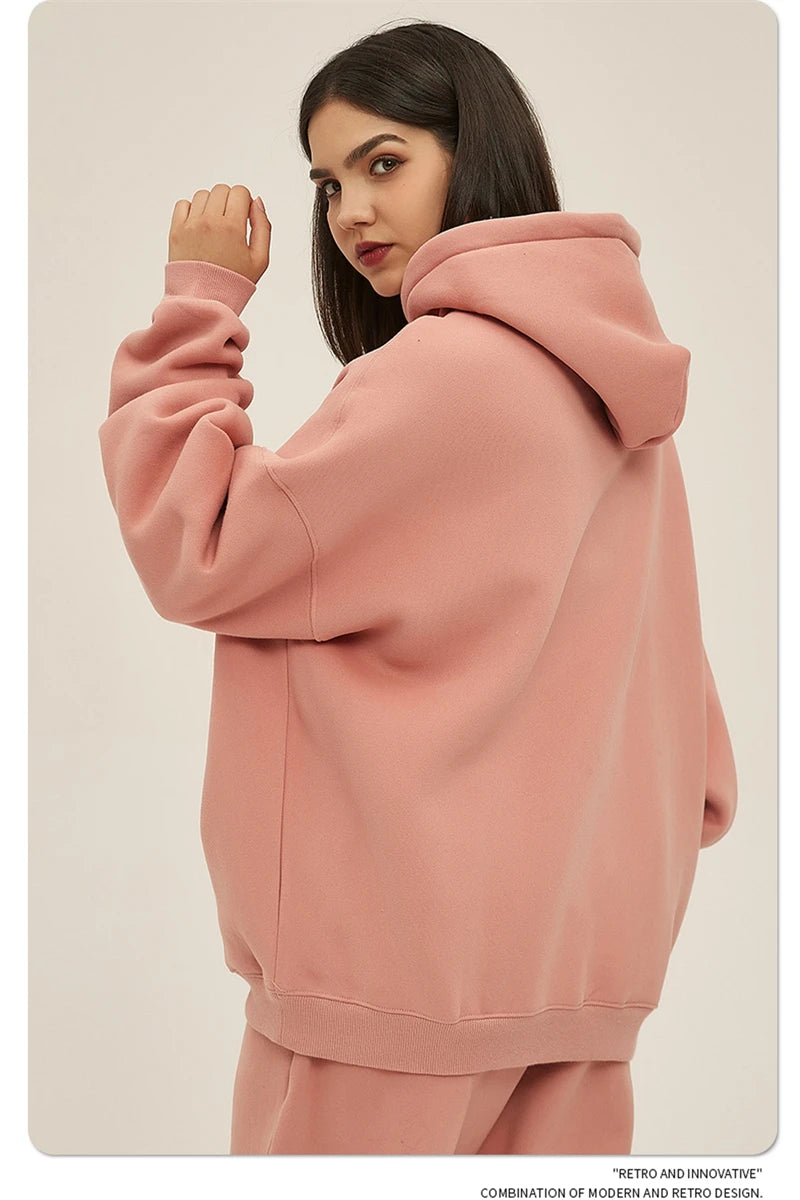Thick 350gsm Fleece Hooded Hoodies For Men Unisex Winter Oversized Loose Basic Solid Sweatshirts Pullovers Coats HY0631