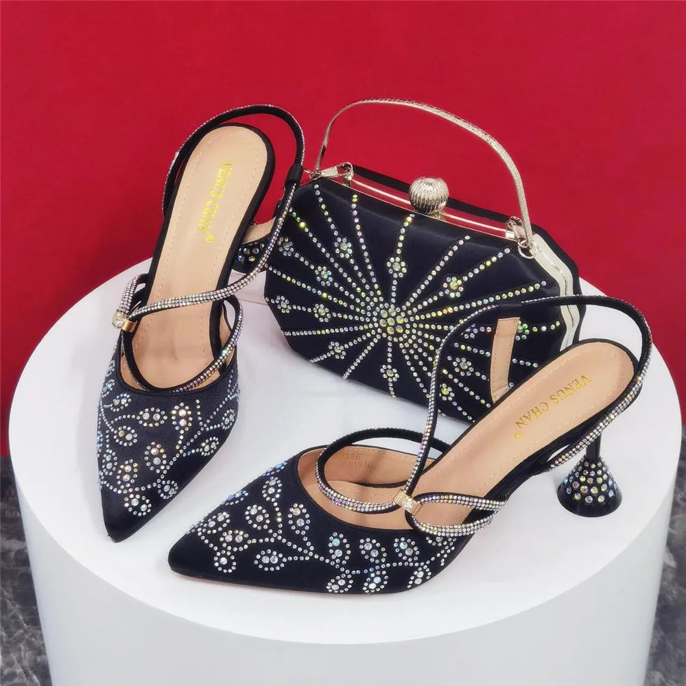 2025 Summer New Design Specials Italian Women Shoes and Bag Set Wine Color Comfortable High Heels With Rhinestone