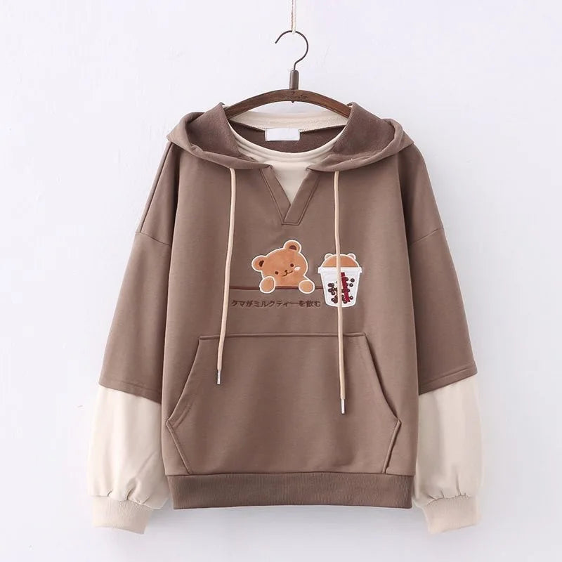 3XL Harajuku Aesthetic Bear Anime Hoodie Women Korean Kawaii Crewneck Long Sleeve Oversize Streetwear Kpop Y2K Winter Cloth Top