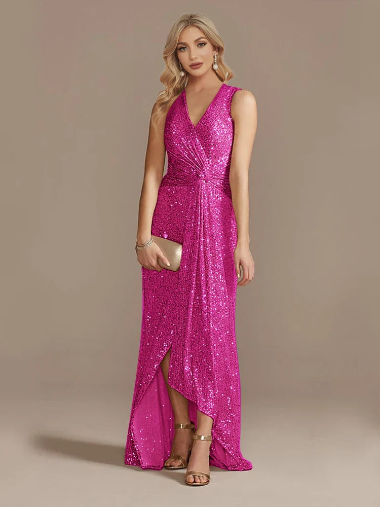Luxury Floor Length V-Neck Evening Dresses Elegant Slit Party Women 2025 Wedding Sequins Formal Cocktail Prom Gowns