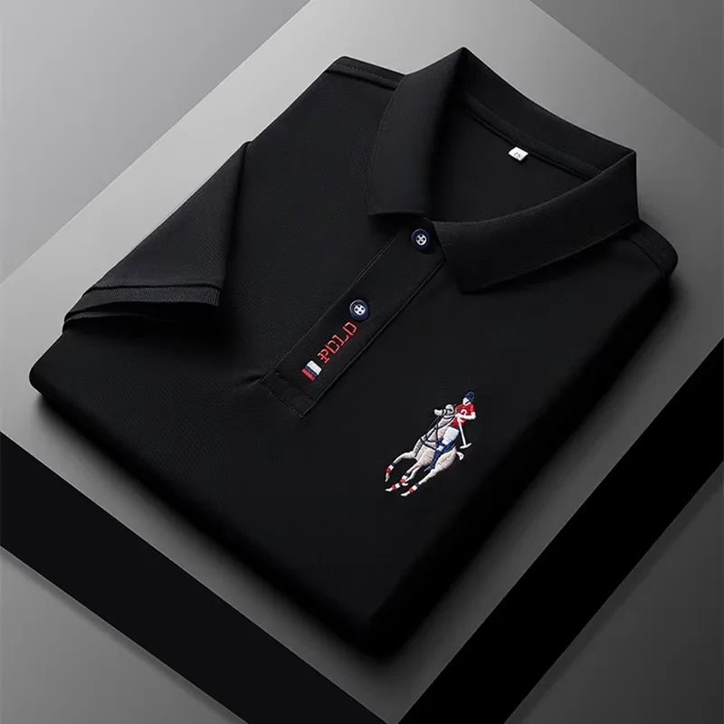 High end brand men's exquisite printed polo shirt short sleeve 2024 summer new cool and comfortable silk casual lapel T-shirt