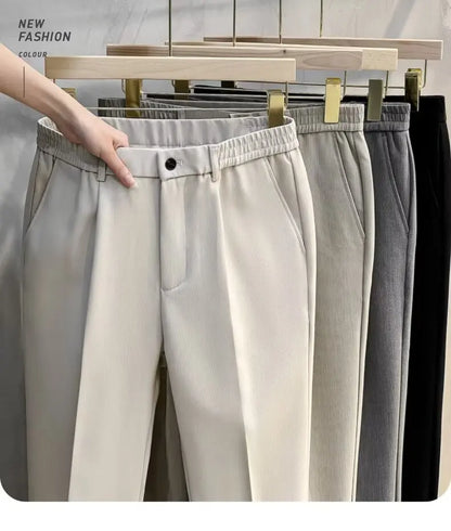 Men's Woolen Straight Leg Casual Pants Autumn Winter Thickened Fashionable Nine Point Pants mid Waist Pure Color Anti-Wrinkle