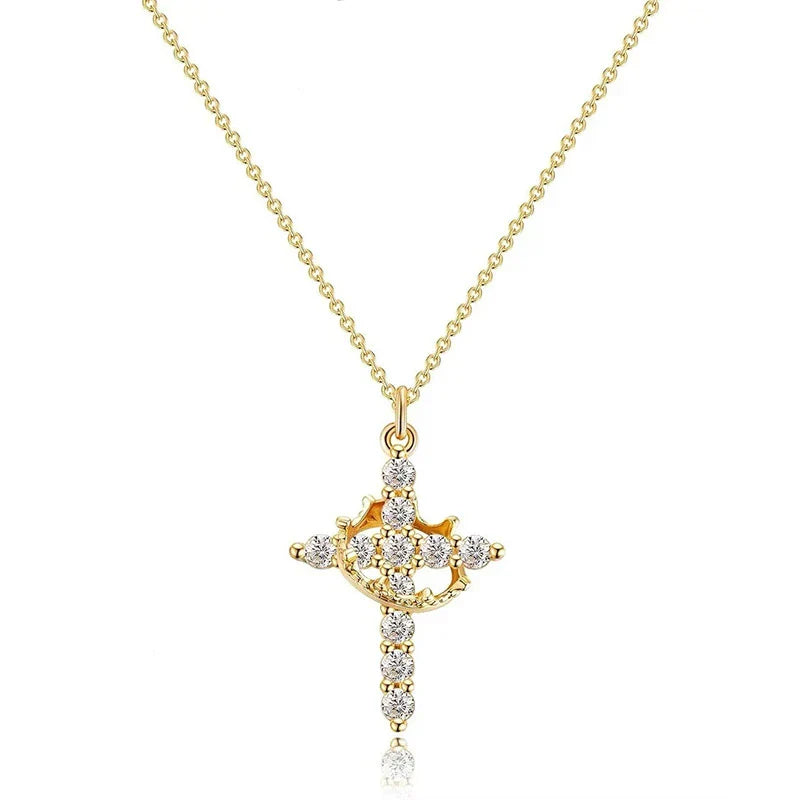 Rotatable Crown Rhinestone Cross Choker Necklace Earrings Rings for Women Minimalist Cross Chain Christian Jewelry Prayer Gift