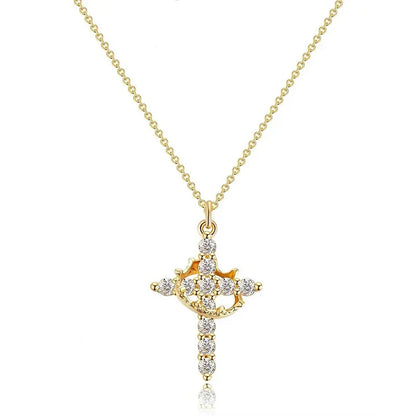 Rotatable Crown Rhinestone Cross Choker Necklace Earrings Rings for Women Minimalist Cross Chain Christian Jewelry Prayer Gift