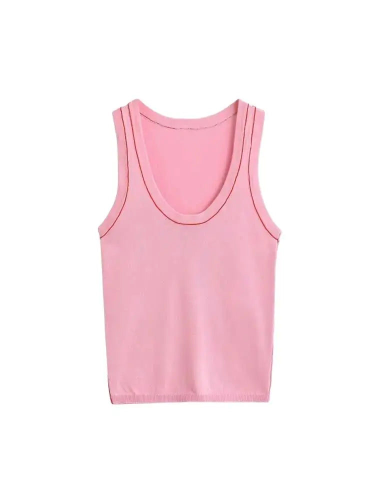 Women's Sleeveless Knit Tank Tops, V Neck ,Contrast Trims, Female Camis, Chic Vest Fashion